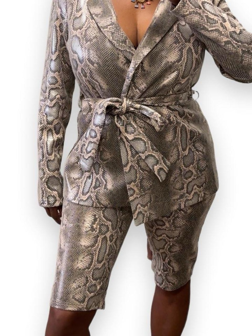New Snake Print Blazer & Bermuda Shorts Set - Taupe